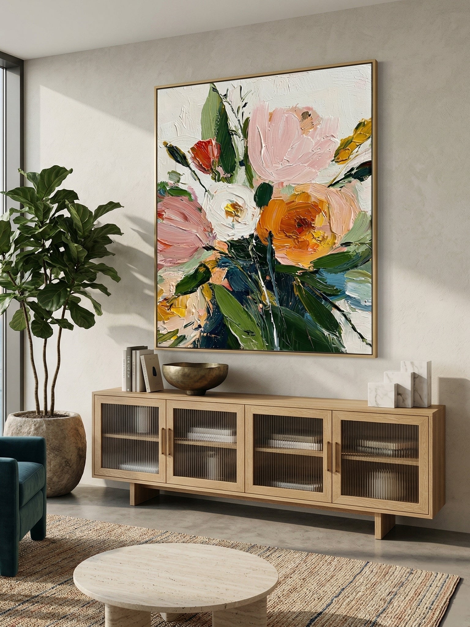 Close-up of 3D heavy textured orange, pink, and white flowers with thick palette knife strokes on a canvas