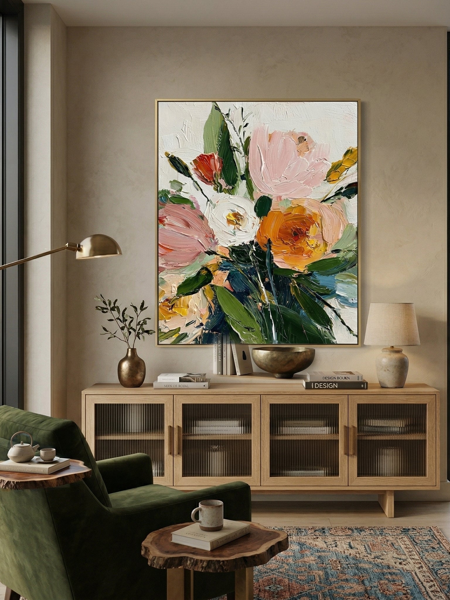 Close-up of 3D heavy textured orange, pink, and white flowers with thick palette knife strokes on a canvas