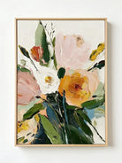 impasto floral painting  – vibrant textured flowers in pink, orange and yellow, joyful wall art for kitchen or dining room