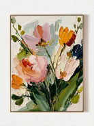 Large vertical 3D textured floral painting featuring orange tulips and pink roses with heavy impasto brushstrokes in a bright dining room.