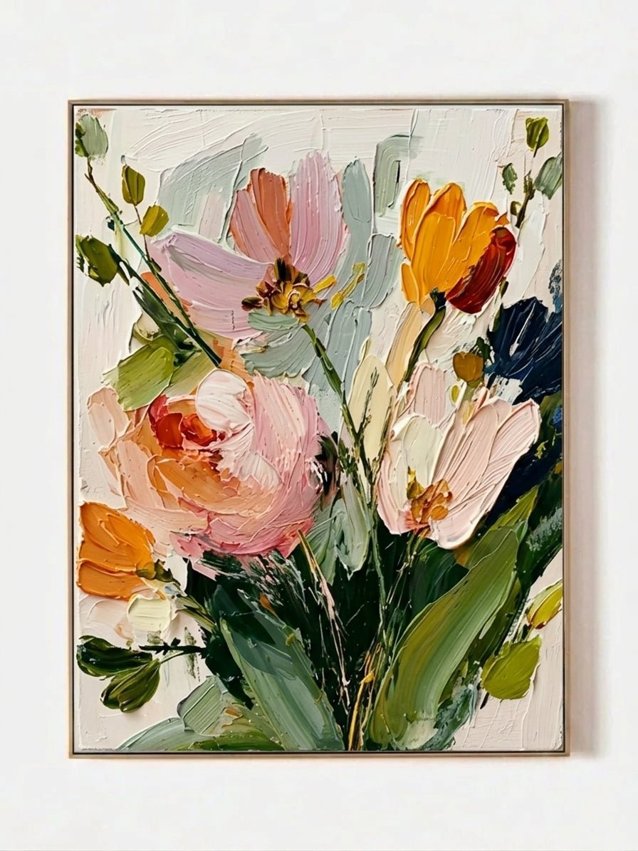 Large vertical 3D textured floral painting featuring orange tulips and pink roses with heavy impasto brushstrokes in a bright dining room.