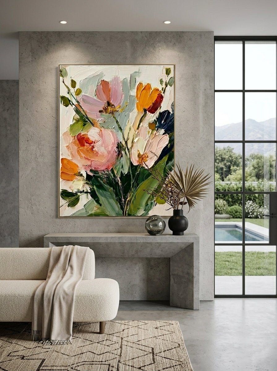 Large vertical 3D textured floral painting featuring orange tulips and pink roses with heavy impasto brushstrokes in a bright dining room.