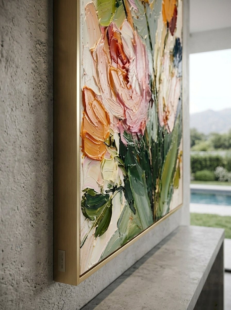 Large vertical 3D textured floral painting featuring orange tulips and pink roses with heavy impasto brushstrokes in a bright dining room.
