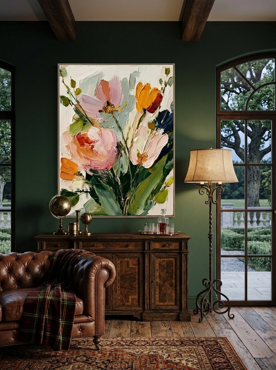 Large vertical 3D textured floral painting featuring orange tulips and pink roses with heavy impasto brushstrokes in a bright dining room.