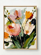 Large vertical 3D textured floral painting featuring orange tulips and pink roses with heavy impasto brushstrokes in a bright dining room.