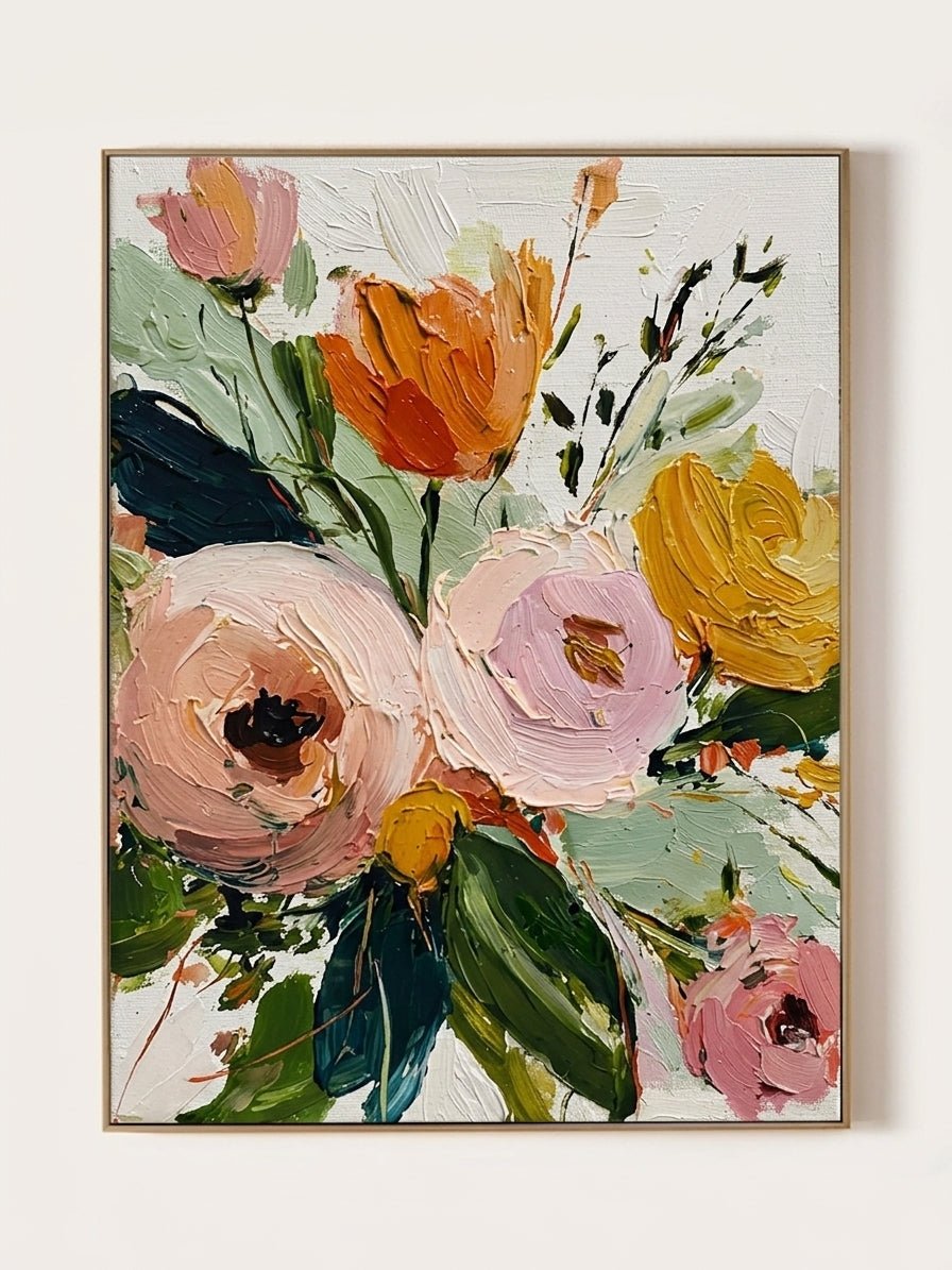 Large vertical 3D textured floral painting with thick impasto pink roses and yellow tulips in a sunlit modern living room.