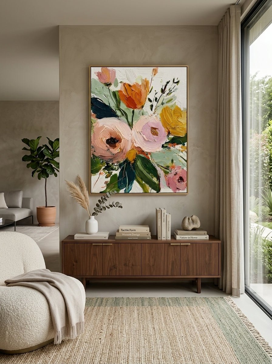 Large vertical 3D textured floral painting with thick impasto pink roses and yellow tulips in a sunlit modern living room.