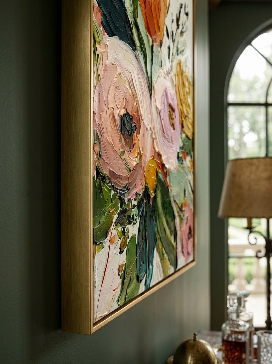 Large vertical 3D textured floral painting with thick impasto pink roses and yellow tulips in a sunlit modern living room.
