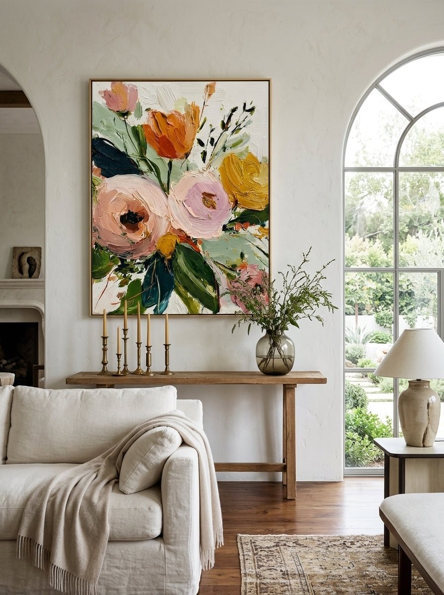 Large vertical 3D textured floral painting with thick impasto pink roses and yellow tulips in a sunlit modern living room.