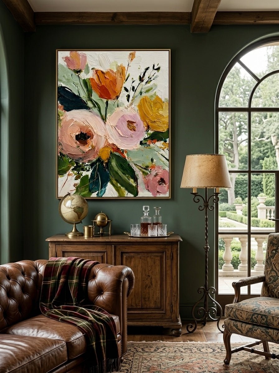 Large vertical 3D textured floral painting with thick impasto pink roses and yellow tulips in a sunlit modern living room.