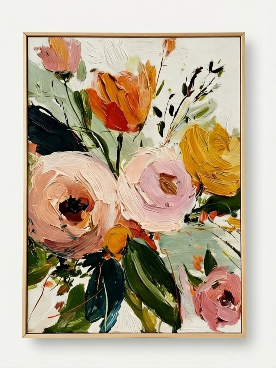 Large vertical 3D textured floral painting with thick impasto pink roses and yellow tulips in a sunlit modern living room.