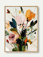 Vertical 3D textured floral painting showing heavy impasto orange and pink flowers on a white background in a modern bedroom.