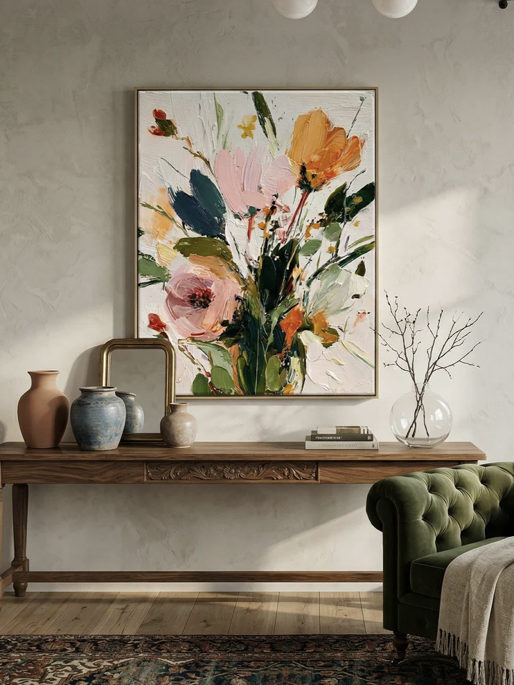 Vertical 3D textured floral painting showing heavy impasto orange and pink flowers on a white background in a modern bedroom.