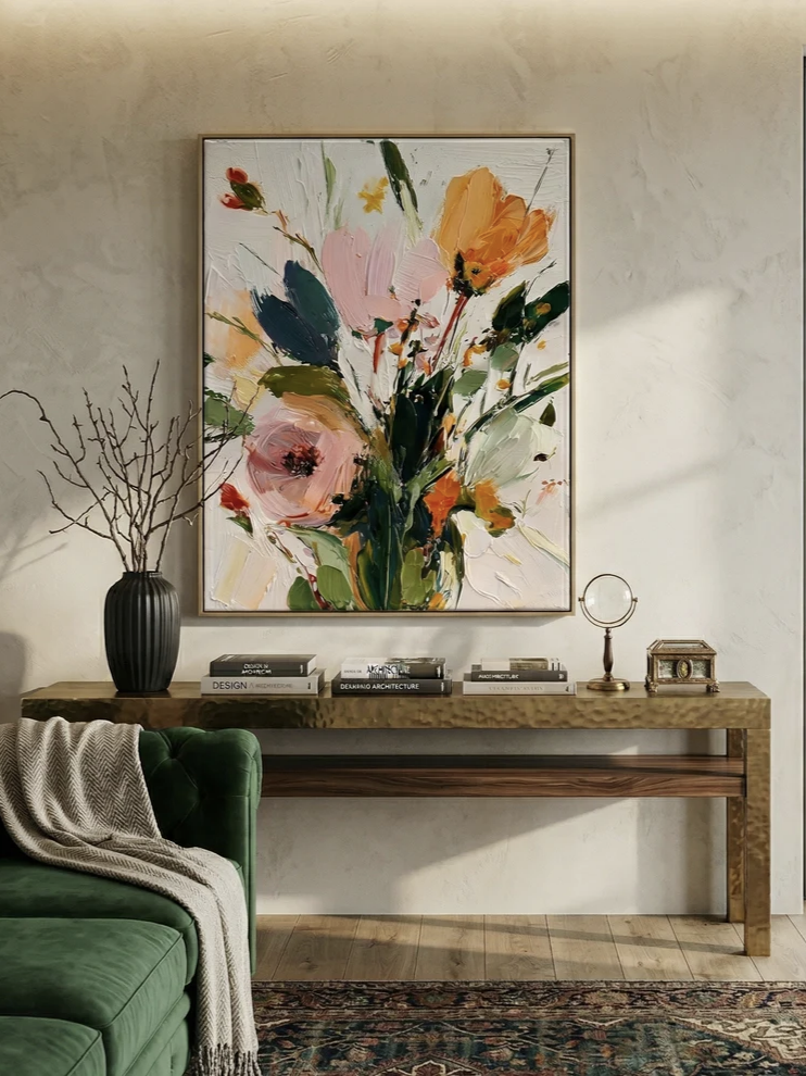 Vertical 3D textured floral painting showing heavy impasto orange and pink flowers on a white background in a modern bedroom.