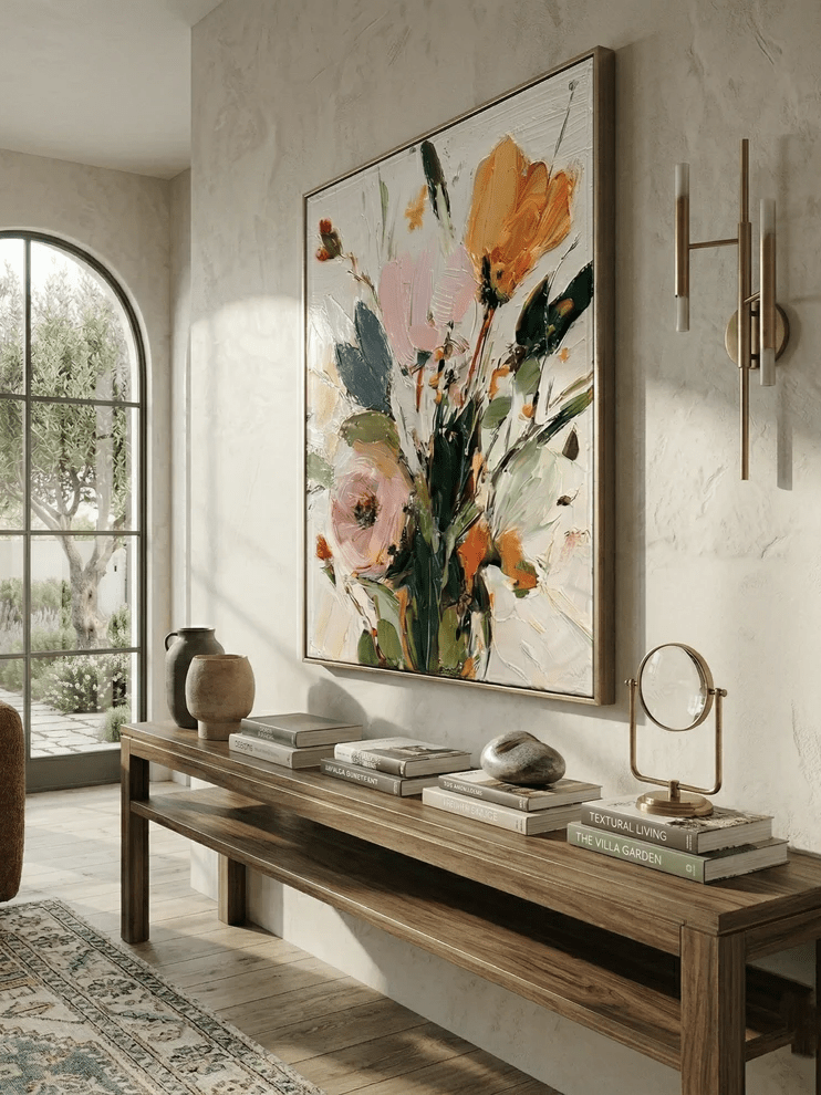 Vertical 3D textured floral painting showing heavy impasto orange and pink flowers on a white background in a modern bedroom.