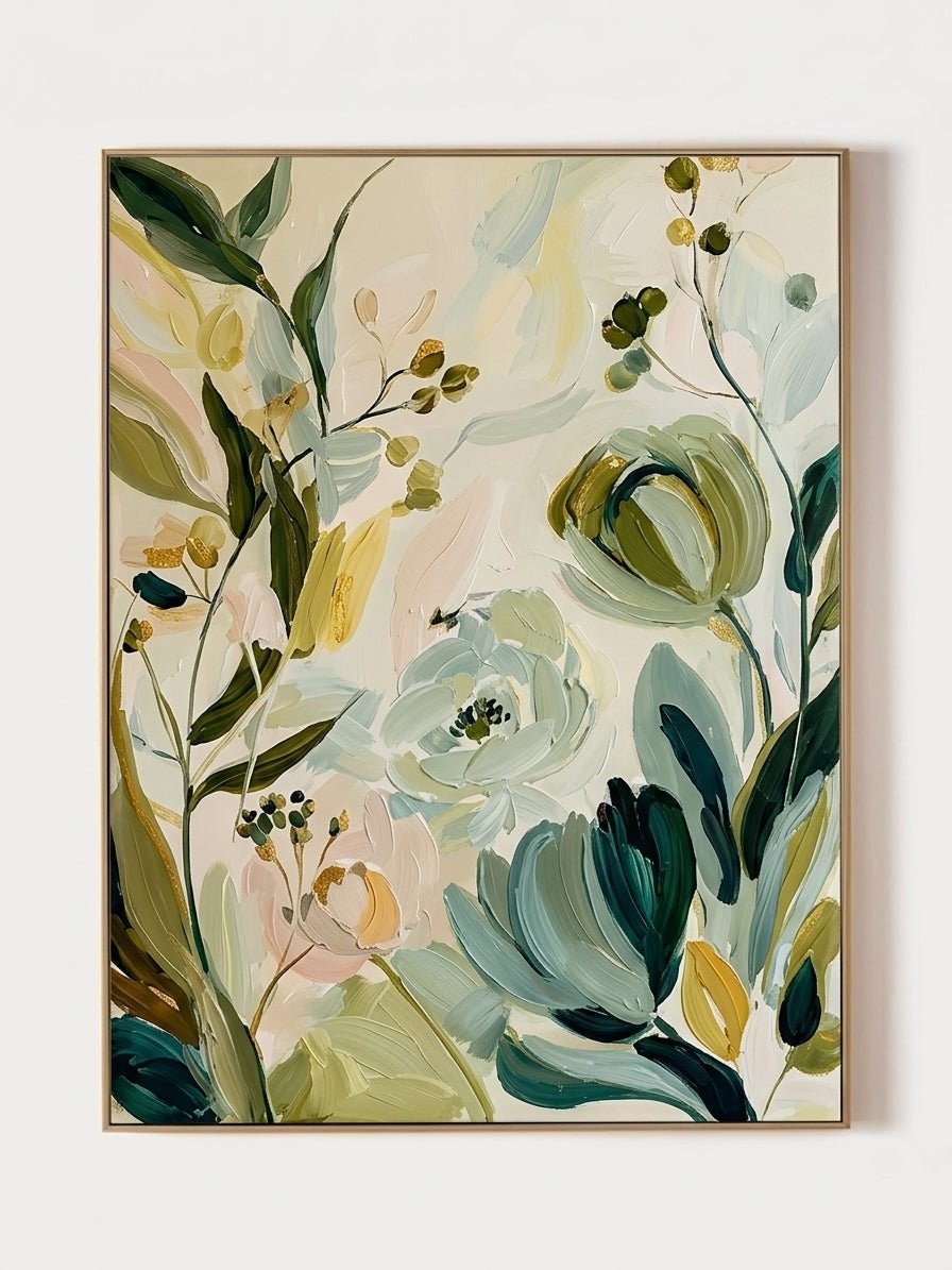 Large vertical hand-painted organic floral abstract in sage green and cream tones hanging in a minimalist Scandinavian bedroom.