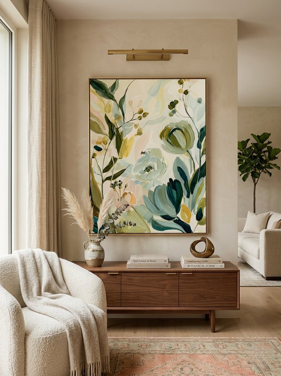 Large vertical hand-painted organic floral abstract in sage green and cream tones hanging in a minimalist Scandinavian bedroom.