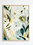 Large vertical hand-painted organic floral abstract in sage green and cream tones hanging in a minimalist Scandinavian bedroom.