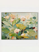 Hand painted abstract lotus botanical wall art with soft green floral canvas for modern living room decor