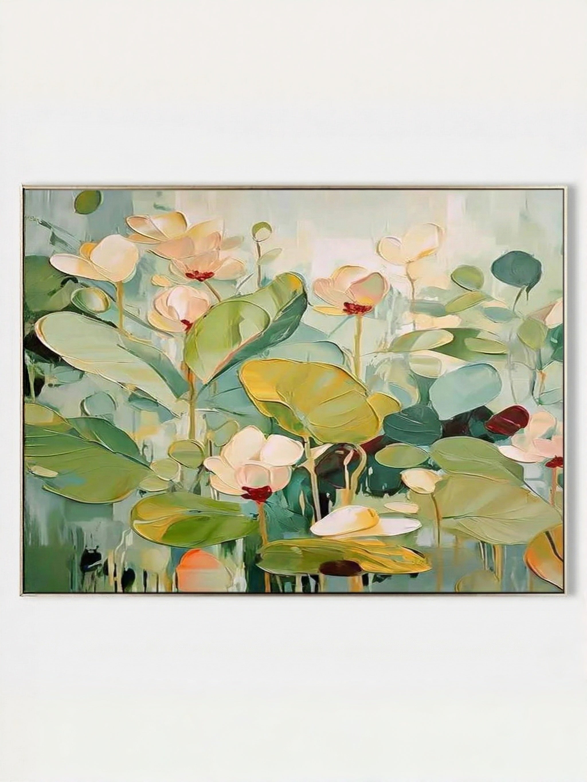 Hand painted abstract lotus botanical wall art with soft green floral canvas for modern living room decor