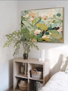 Hand painted abstract lotus botanical wall art with soft green floral canvas for modern living room decor
