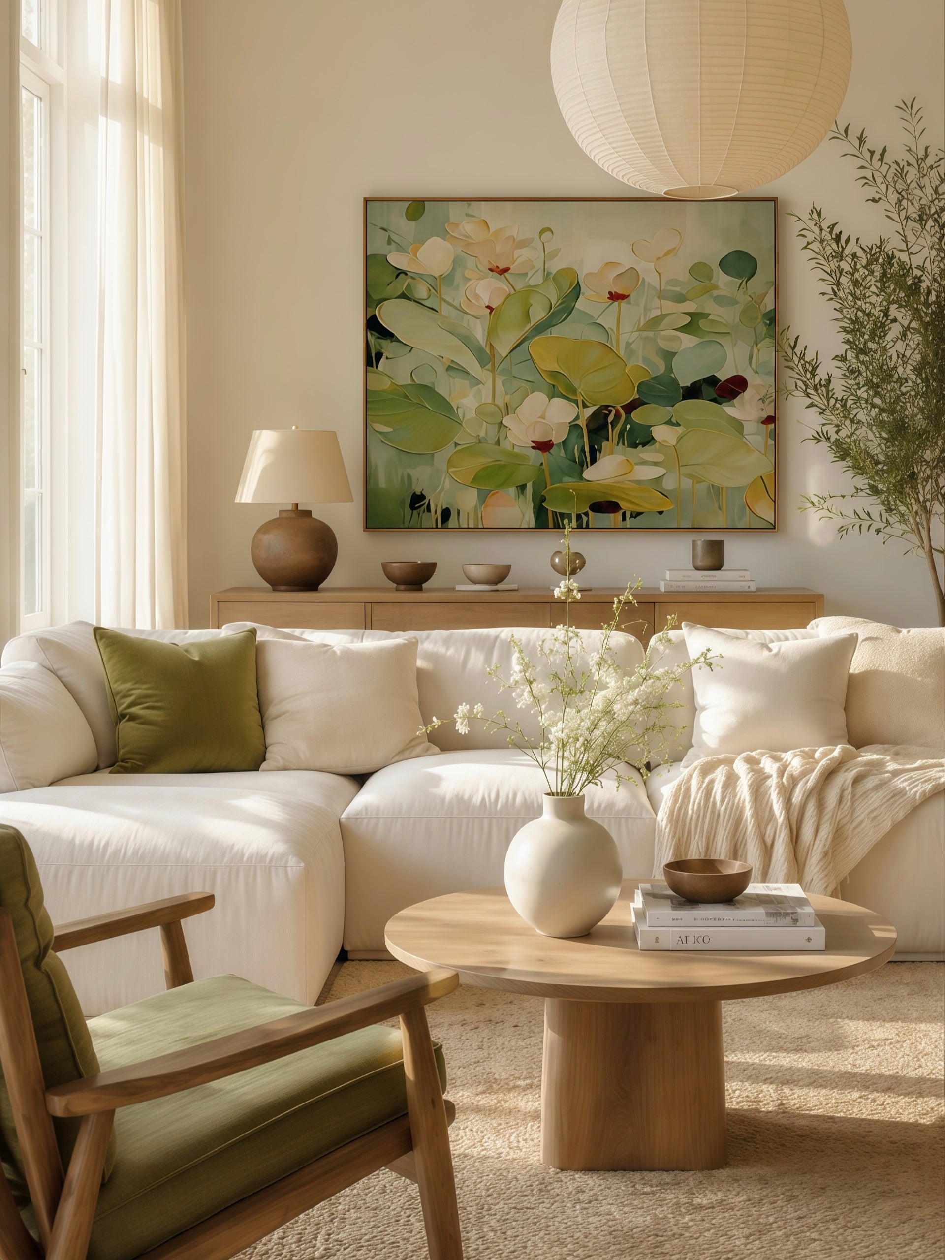 Hand painted abstract lotus botanical wall art with soft green floral canvas for modern living room decor