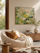 Hand painted abstract lotus botanical wall art with soft green floral canvas for modern living room decor