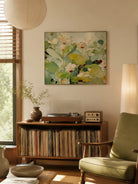 Hand painted abstract lotus botanical wall art with soft green floral canvas for modern living room decor