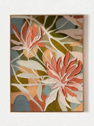 Large hand-painted modern organic abstract canvas painting with 3D heavy palette knife texture featuring terracotta flowers and sage green leaves by Luna Xiao for boho living room.