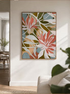 Large hand-painted modern organic abstract canvas painting with 3D heavy palette knife texture featuring terracotta flowers and sage green leaves by Luna Xiao for boho living room.
