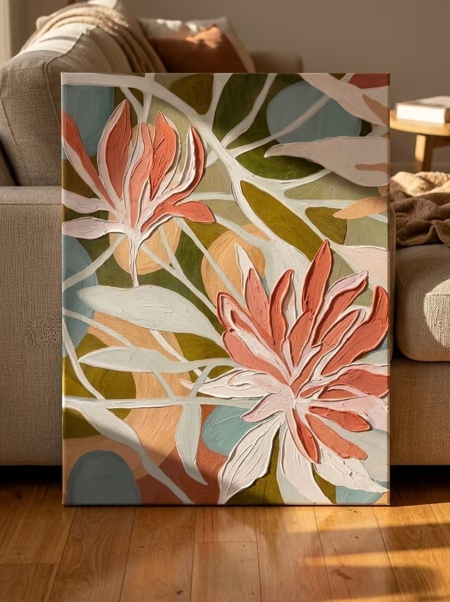 Large hand-painted modern organic abstract canvas painting with 3D heavy palette knife texture featuring terracotta flowers and sage green leaves by Luna Xiao for boho living room.