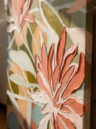 Large hand-painted modern organic abstract canvas painting with 3D heavy palette knife texture featuring terracotta flowers and sage green leaves by Luna Xiao for boho living room.