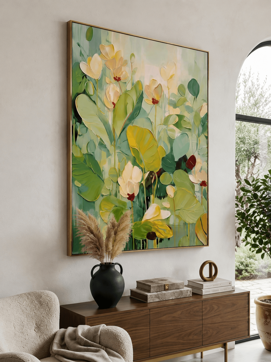 Hand-painted 3D heavy textured abstract floral painting in sage green and mint tones by Luna Xiao, botanical wall art for modern living room and organic bedroom decor.