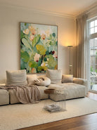 Hand-painted 3D heavy textured abstract floral painting in sage green and mint tones by Luna Xiao, botanical wall art for modern living room and organic bedroom decor.