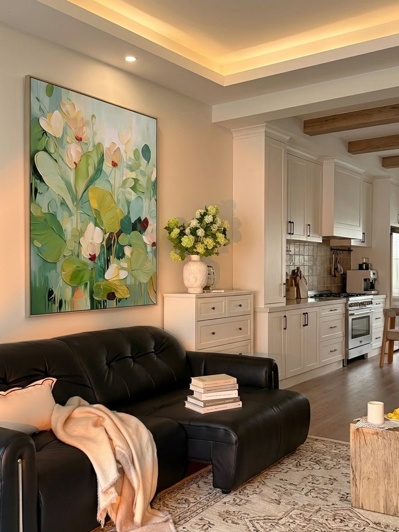Hand-painted 3D heavy textured abstract floral painting in sage green and mint tones by Luna Xiao, botanical wall art for modern living room and organic bedroom decor.