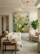 Hand-painted 3D heavy textured abstract floral painting in sage green and mint tones by Luna Xiao, botanical wall art for modern living room and organic bedroom decor.