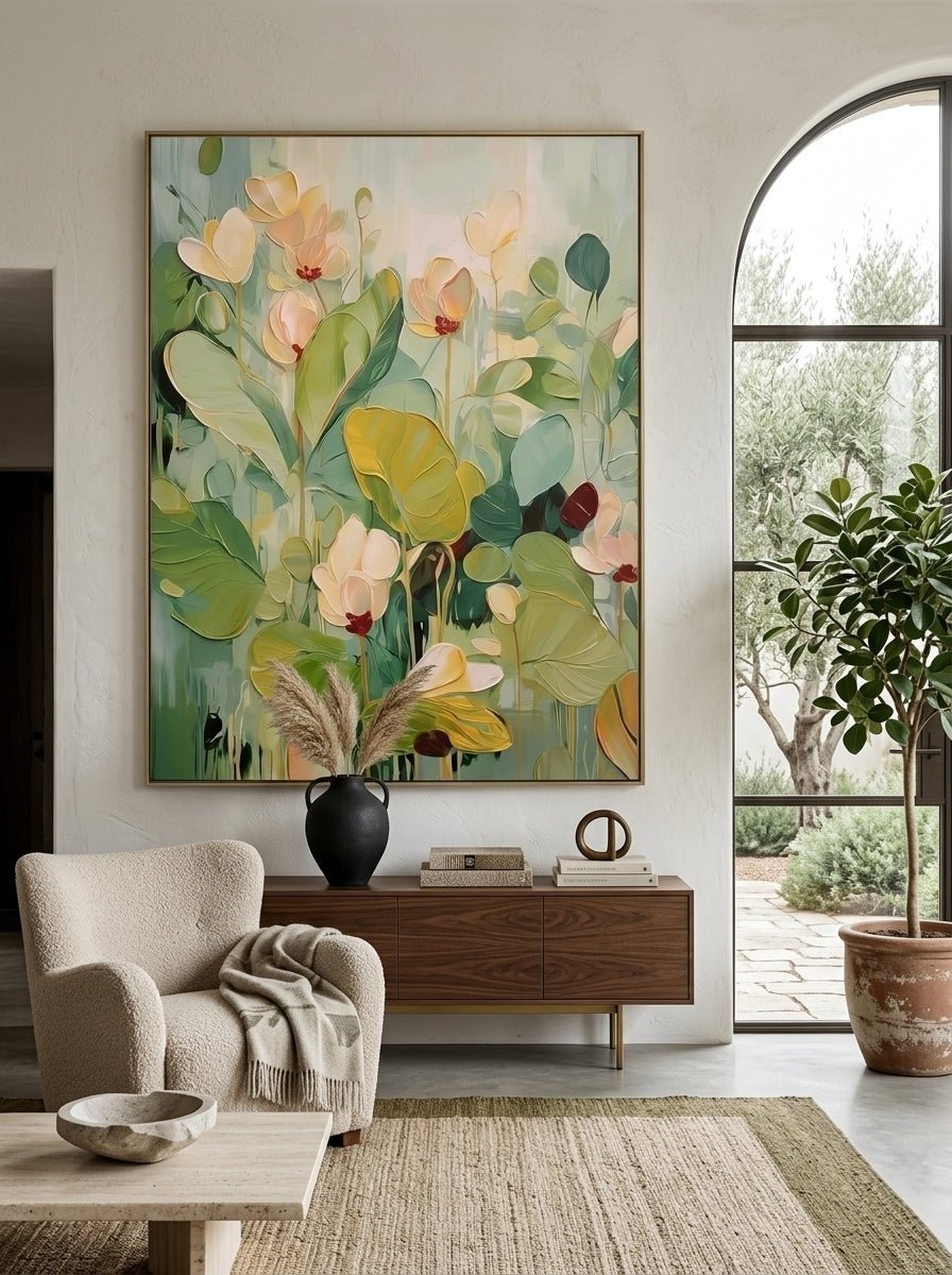 Hand-painted 3D heavy textured abstract floral painting in sage green and mint tones by Luna Xiao, botanical wall art for modern living room and organic bedroom decor.