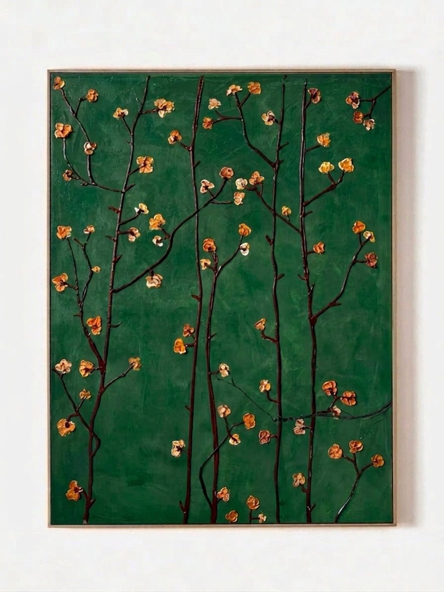 Close-up of heavy textured hand-painted floral oil painting with emerald green background and amber flower blossoms on dark branches.
