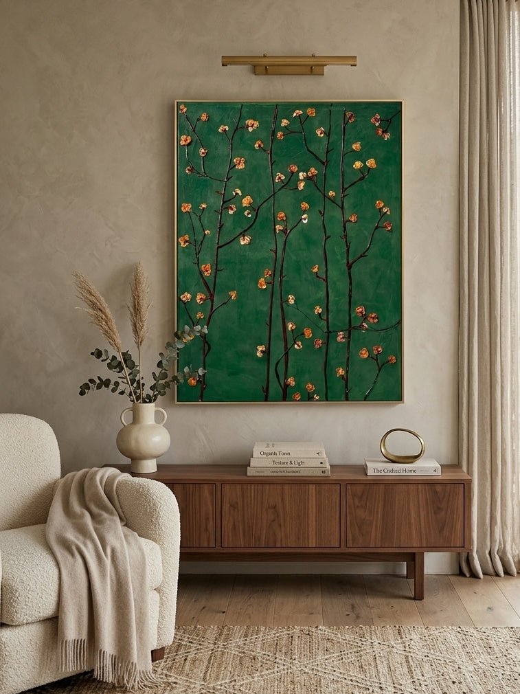 Close-up of heavy textured hand-painted floral oil painting with emerald green background and amber flower blossoms on dark branches.