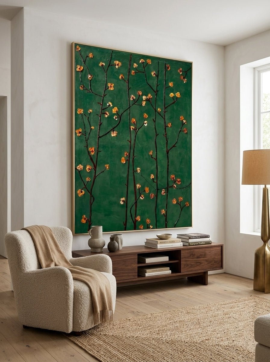 Close-up of heavy textured hand-painted floral oil painting with emerald green background and amber flower blossoms on dark branches.