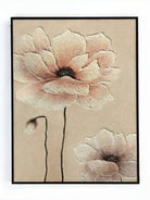 Large hand-painted 3D relief floral oil painting with heavy mineral texture in sand and blush pink tones on canvas.