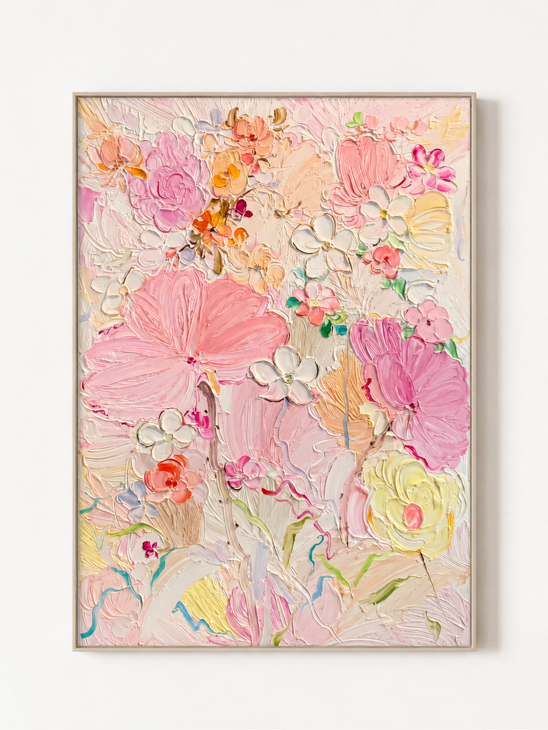 Hand painted 3D textured pink floral wall art with pastel spring flowers on canvas by Luna Xiao