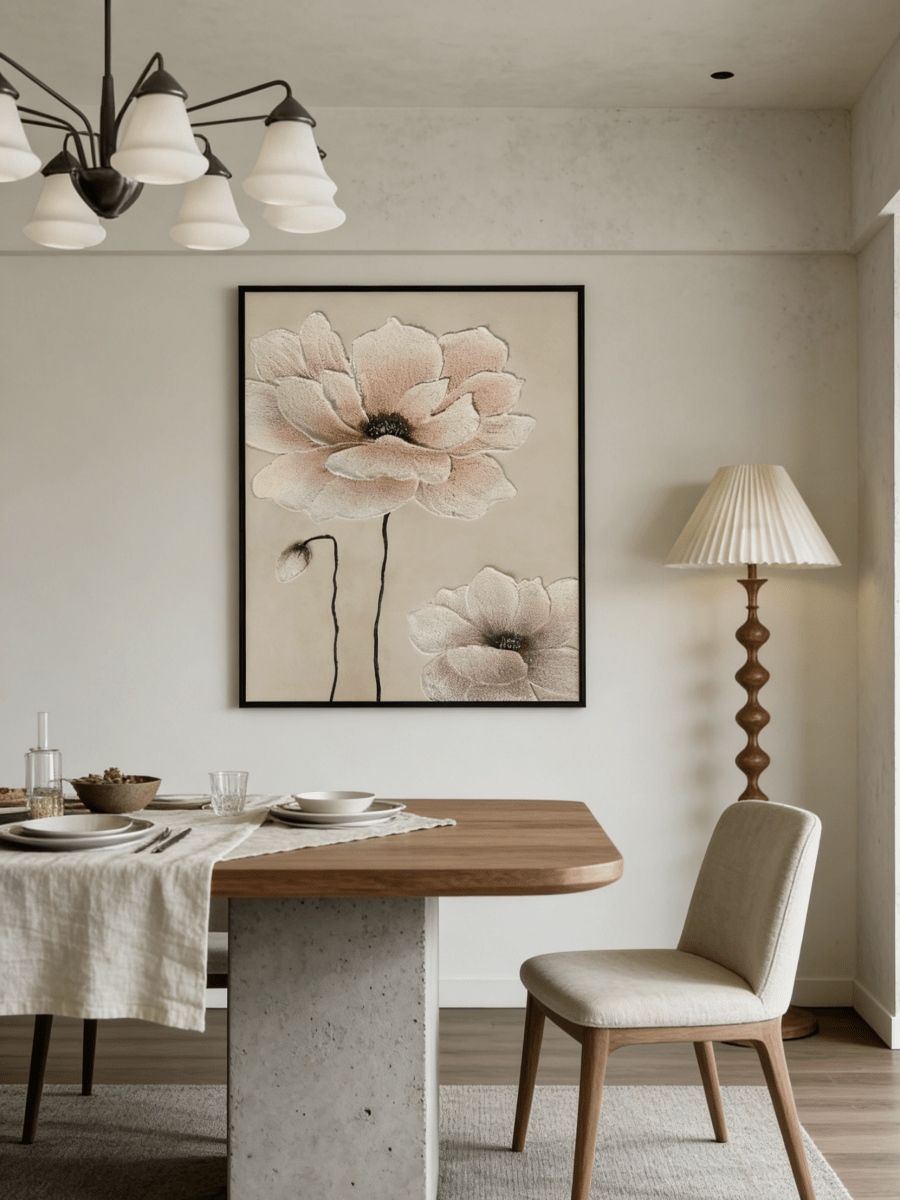 Large hand-painted 3D relief floral oil painting with heavy mineral texture in sand and blush pink tones on canvas.