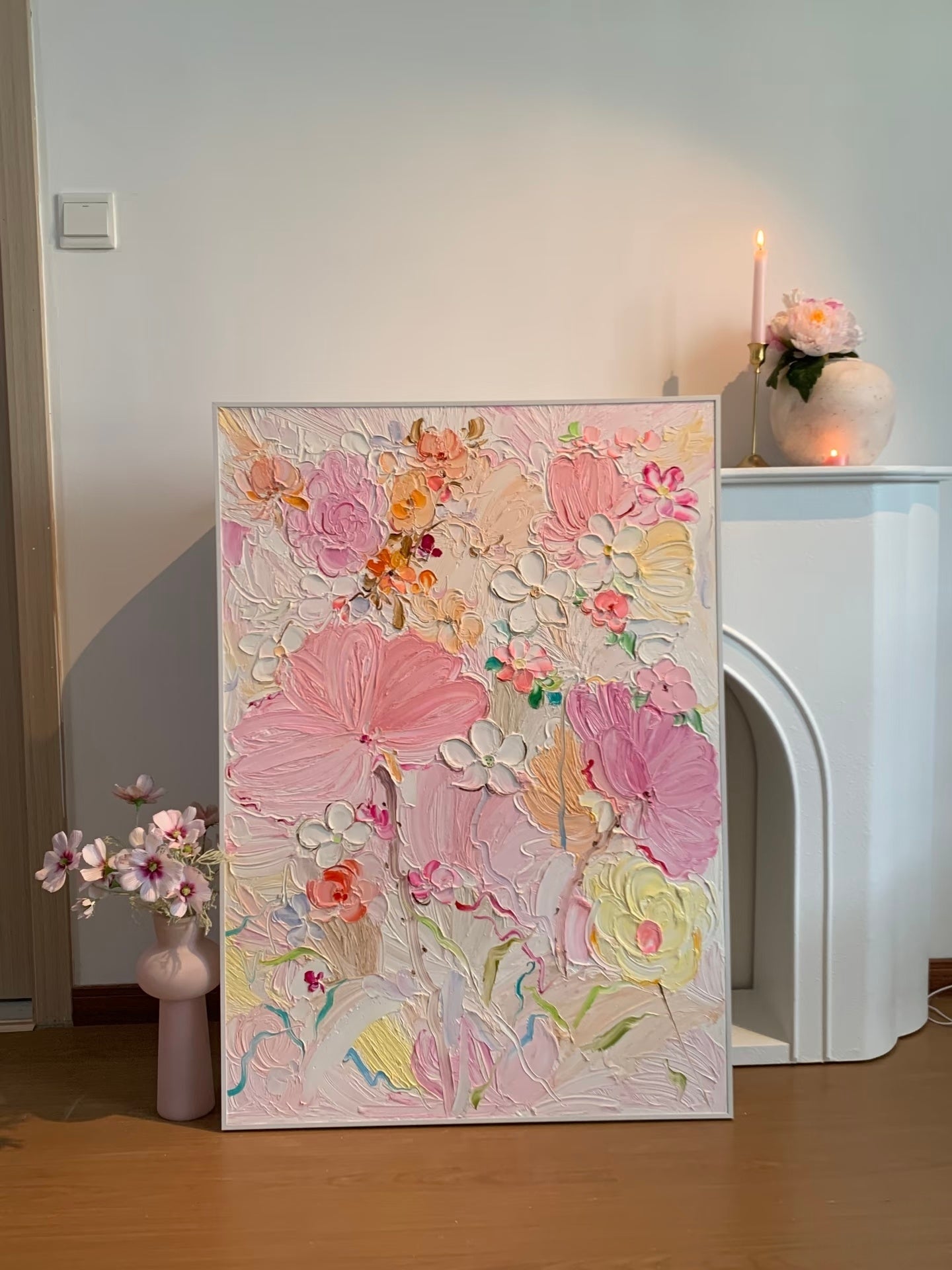 Hand painted 3D textured pink floral wall art with pastel spring flowers on canvas by Luna Xiao
