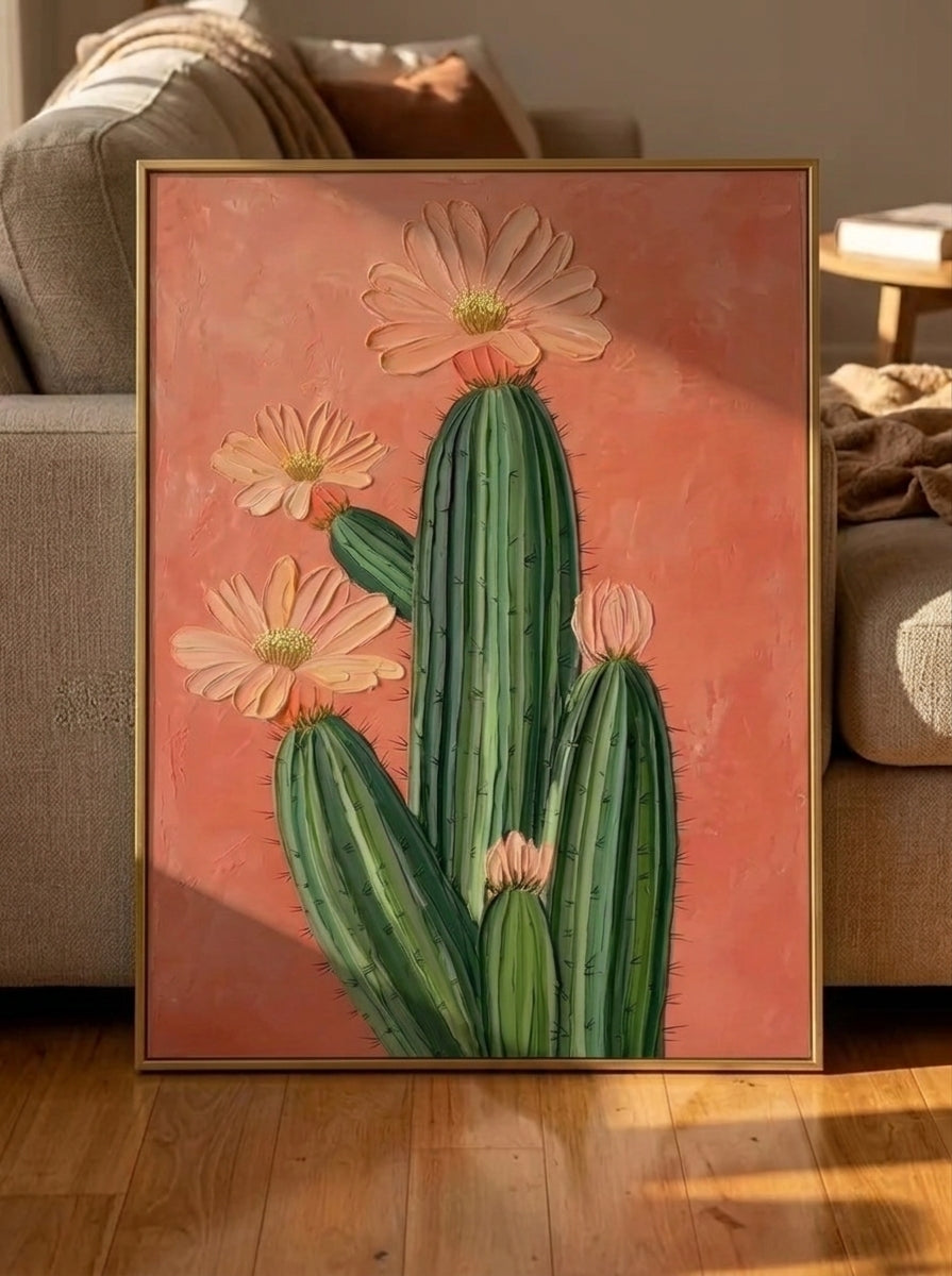 Large 100% hand-painted modern boho Southwestern cactus canvas painting with heavy 3D palette knife textured peach pink flower petals over a warm terracotta background by Luna Xiao for living room decor.