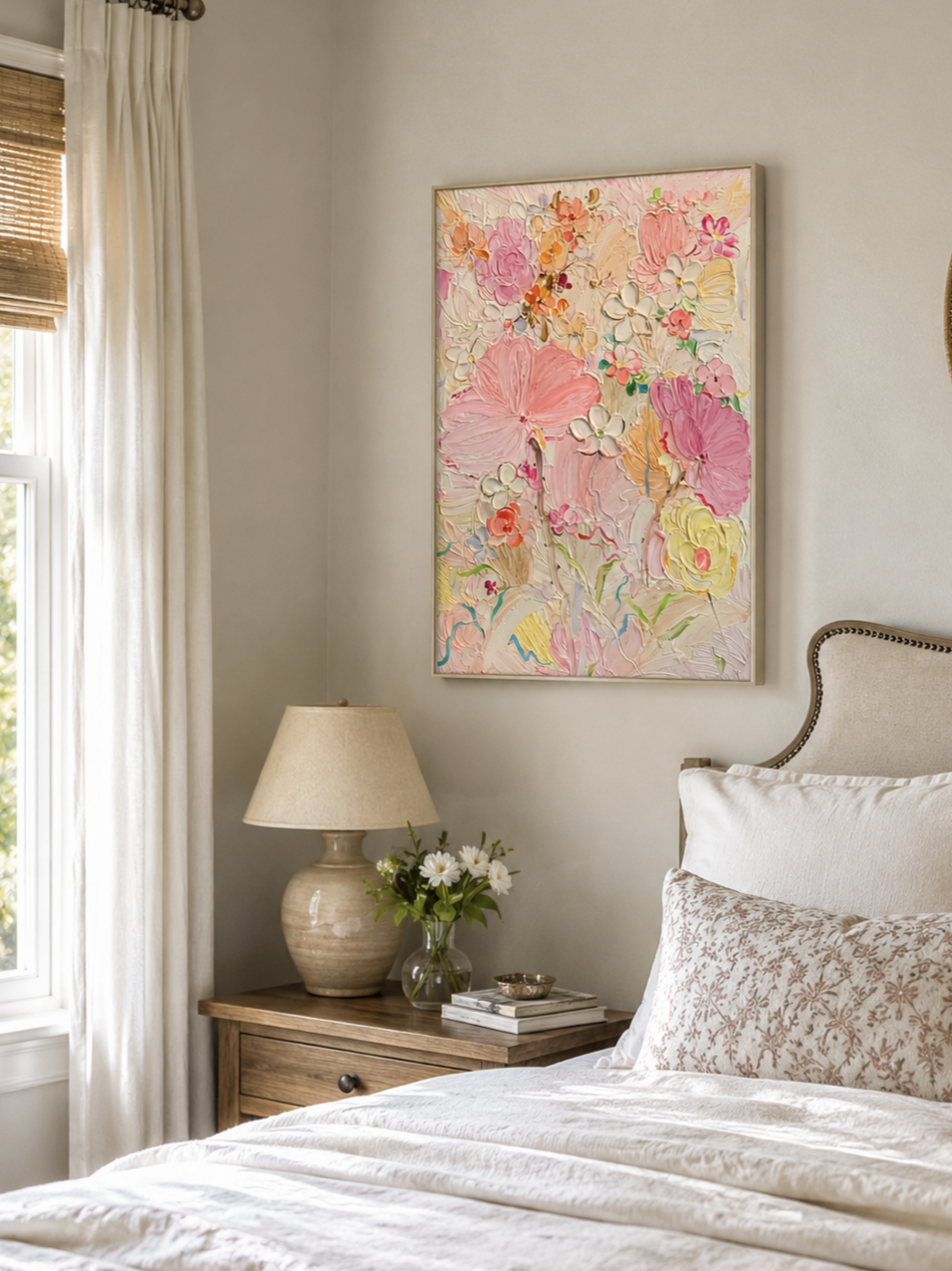 Hand painted 3D textured pink floral wall art with pastel spring flowers on canvas by Luna Xiao