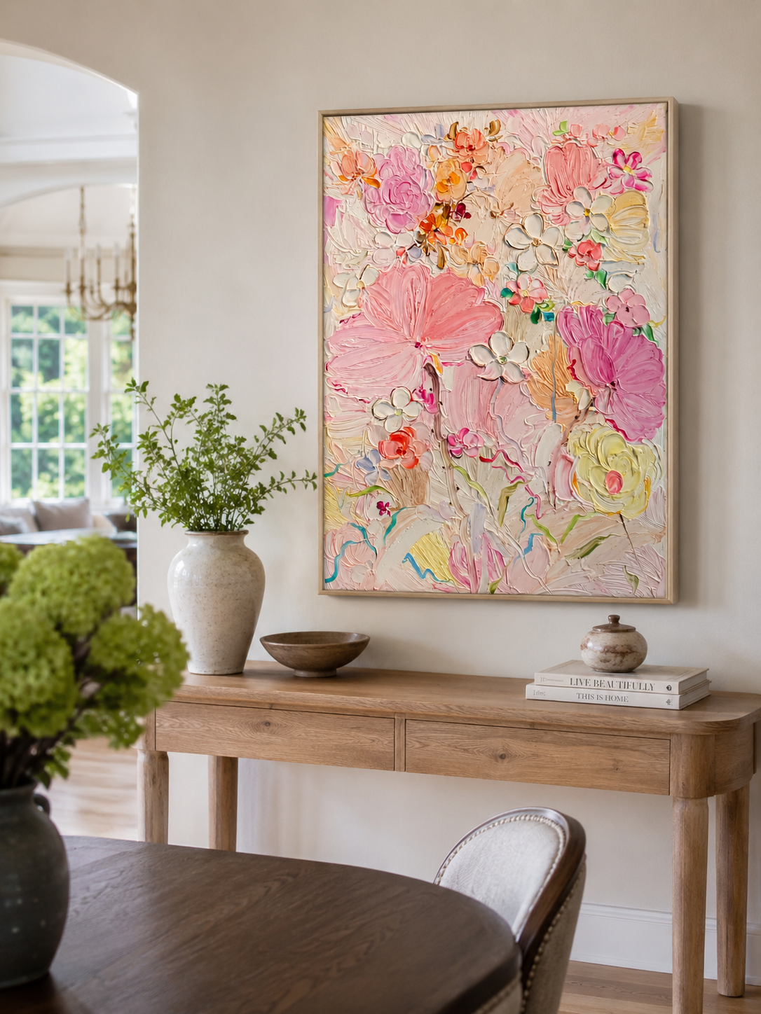Hand painted 3D textured pink floral wall art with pastel spring flowers on canvas by Luna Xiao