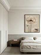 Large hand-painted 3D relief floral oil painting with heavy mineral texture in sand and blush pink tones on canvas.