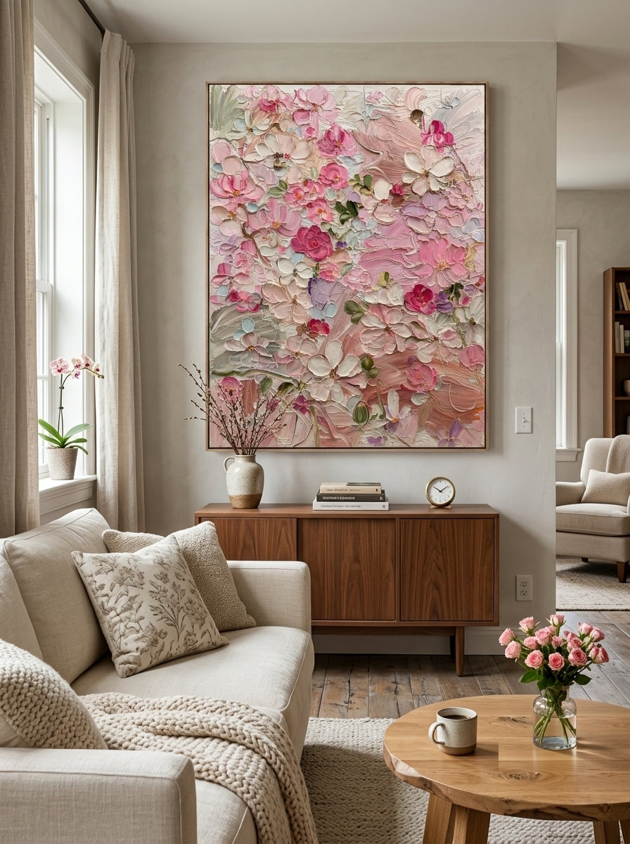 Hand painted 3D textured pink floral wall art with raised blossom petals on canvas by Luna Xiao