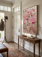 Hand painted 3D textured pink floral wall art with raised blossom petals on canvas by Luna Xiao